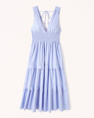 Abercrombie & Fitch Smocked Waist Tiered Midi Dress in Blue – sleeveless plunge front dresses – deep plunging V-neck fashion - flipped
