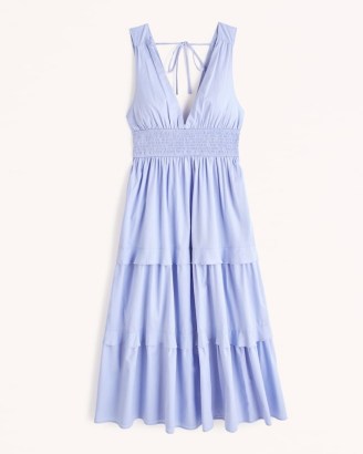 Abercrombie & Fitch Smocked Waist Tiered Midi Dress in Blue – sleeveless plunge front dresses – deep plunging V-neck fashion