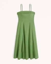 Abercrombie & Fitch Strapless Linen-Blend Midi Dress in Green ~ women’s bandeau neckline dresses ~ removable shoulder straps ~ strappy fit and flare