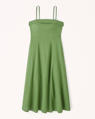 Abercrombie & Fitch Strapless Linen-Blend Midi Dress in Green ~ women’s bandeau neckline dresses ~ removable shoulder straps ~ strappy fit and flare - flipped