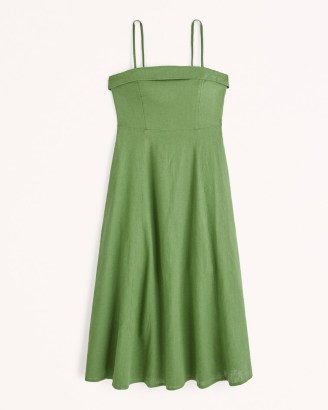 Abercrombie & Fitch Strapless Linen-Blend Midi Dress in Green ~ women’s bandeau neckline dresses ~ removable shoulder straps ~ strappy fit and flare