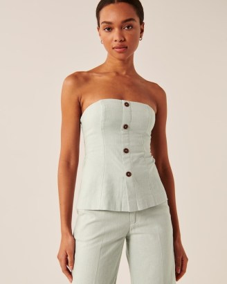 Abercrombie & Fitch Strapless Linen-Blend Set Top in Light Green ~ women’s front button up bandeau neckline tops ~ removable skinny shoulder straps - flipped