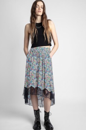 Zadig & Voltaire Joslin Skirt in Multicolor / floral lace trim slip skirts / asymmetric fashion / dip hem - flipped