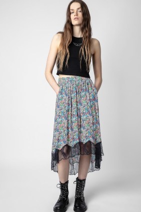 Zadig & Voltaire Joslin Skirt in Multicolor / floral lace trim slip skirts / asymmetric fashion / dip hem