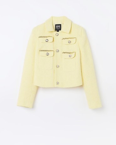 RIVER ISLAND YELLOW BOUCLE JACKET ~ women’s collared button detail spring jackets ~ textured with chain details - flipped