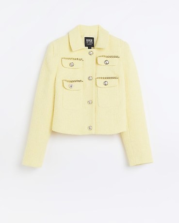 RIVER ISLAND YELLOW BOUCLE JACKET ~ women’s collared button detail spring jackets ~ textured with chain details