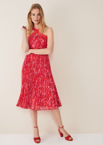 Phase Eight Zoya Pleat Midi Floral Dress Red/Pink / women’s sleeveless open back occasion dresses / womens feminine summer event clothing / belted waist - flipped
