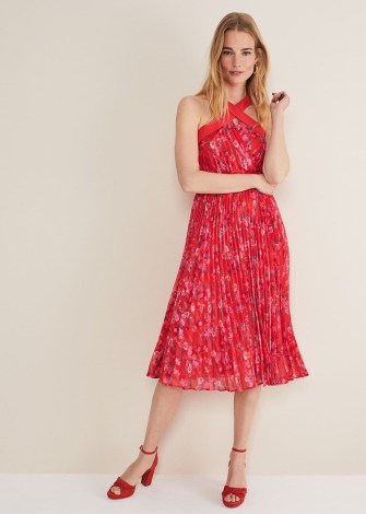 Phase Eight Zoya Pleat Midi Floral Dress Red/Pink / women’s sleeveless open back occasion dresses / womens feminine summer event clothing / belted waist
