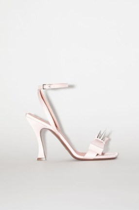 Acne Studios HIGH-HEEL STRAP SANDAL in Pink ~ satin spike detail sandals ~ spiked front bow heels ~ women’s studded shoes ~ womens luxury designer footwear - flipped