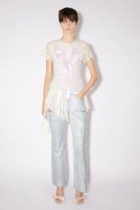 Acne Studios LEATHER SPIKE SLIT TROUSERS in Light blue ~ luxury side spiked pants ~ women’s designer clothes ~ cut out detail clothing ~ fashion with slits
