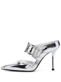 Alexander McQueen Punk metallic mules in silver tone – luxe metallic leather pointed toe mule – womens luxury footwear – women’s designer stiletto heels – buckle detail