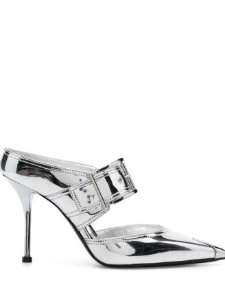 Alexander McQueen Punk metallic mules in silver tone – luxe metallic leather pointed toe mule – womens luxury footwear – women’s designer stiletto heels – buckle detail - flipped