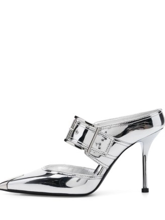 Alexander McQueen Punk metallic mules in silver tone – luxe metallic leather pointed toe mule – womens luxury footwear – women’s designer stiletto heels – buckle detail