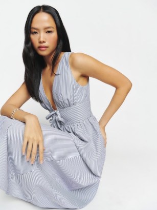 Reformation Alvin Dress Blue Stripe | sleeveless plunge front midi dresses | women’s luxury summer clothing | womens sustainable fashion - flipped