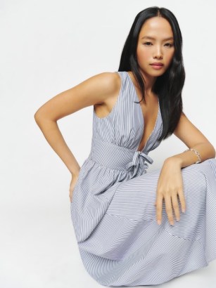 Reformation Alvin Dress Blue Stripe | sleeveless plunge front midi dresses | women’s luxury summer clothing | womens sustainable fashion