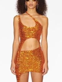 AMBUSH one-shoulder cutout sequinned minidress flame orange – cut out sequin covered mini dress – glittering party fashion – women’s one shoulder evening dresses