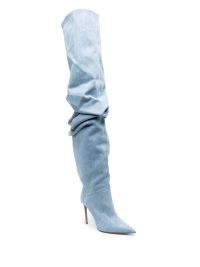 Amina Muaddi Jahleel 95mm denim boots in light blue – thigh high ruched boot – over the knee – women’s designer footwear – gathered detail