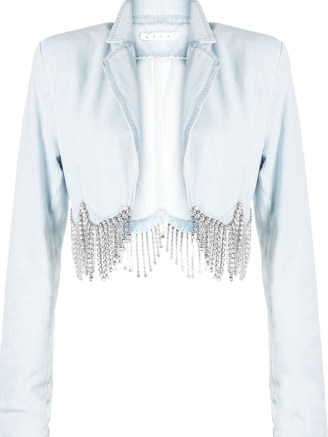 AREA cropped denim jacket light blue | crystal fringed crop hem jackets - flipped