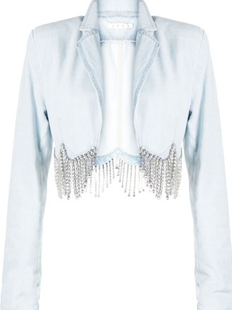 AREA cropped denim jacket light blue | crystal fringed crop hem jackets