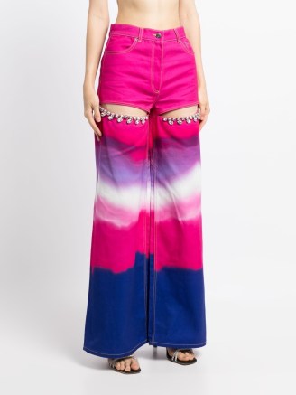 AREA Crystal wide-leg jeans in purple/multicolour ~ women’s luxury denim fashion ~ womens cut out detail clothing ~ designer clothes ~ embellished details - flipped