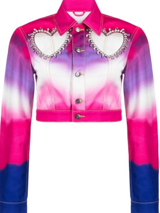 AREA Heart cut-out cropped denim jacket purple/multicolour ~ women’s cropped ombre cut out jackets ~ womens luxury cutout detail clothes ~ emvellished outerwear with crop hem ~ tonal pink fashion - flipped