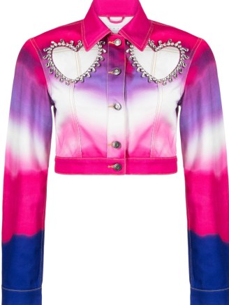 AREA Heart cut-out cropped denim jacket purple/multicolour ~ women’s cropped ombre cut out jackets ~ womens luxury cutout detail clothes ~ emvellished outerwear with crop hem ~ tonal pink fashion