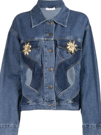 AREA shell-embellished cut-out denim jacket | tonal blue front cutout floral detail jackets - flipped