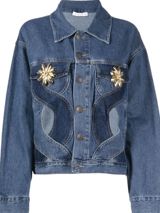 AREA shell-embellished cut-out denim jacket | tonal blue front cutout floral detail jackets