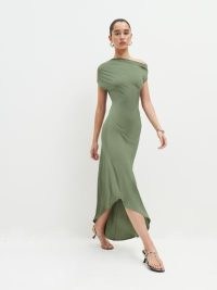 Reformation Atland Knit Dress in Artichoke ~ ruched asymmetric evening dresses ~ green occasion clothes ~ one shoulder event clothing ~ asymmetrical figure hugging fashion