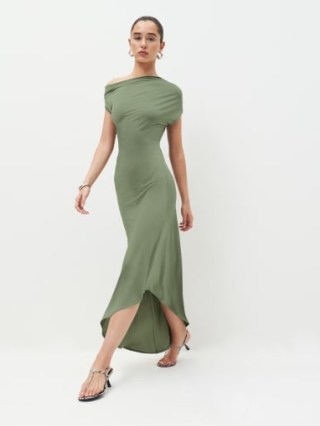 Reformation Atland Knit Dress in Artichoke ~ ruched asymmetric evening dresses ~ green occasion clothes ~ one shoulder event clothing ~ asymmetrical figure hugging fashion - flipped