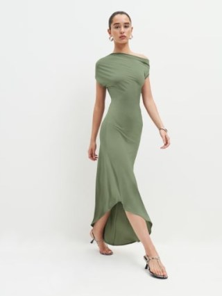 Reformation Atland Knit Dress in Artichoke ~ ruched asymmetric evening dresses ~ green occasion clothes ~ one shoulder event clothing ~ asymmetrical figure hugging fashion