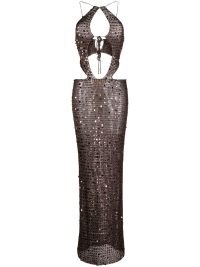 Aya Muse Morel sequin-embellished knit dress brown – sheer sequinned cut out maxi dresses – strappy evening fashion – glamorous evening clothes – glittering event clothing – occasion glamour