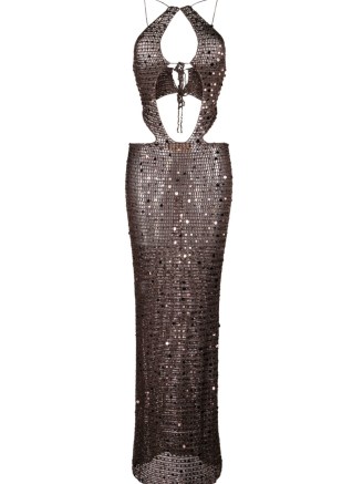 Aya Muse Morel sequin-embellished knit dress brown – sheer sequinned cut out maxi dresses – strappy evening fashion – glamorous evening clothes – glittering event clothing – occasion glamour - flipped