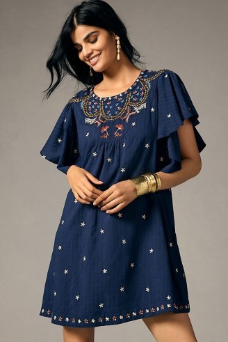 By Anthropologie Crewneck Embroidered Tunic Dress in Navy / women’s dark blue floral flutter sleeve dresses / feminine summer clothes / open back detail / wide angel sleeves - flipped