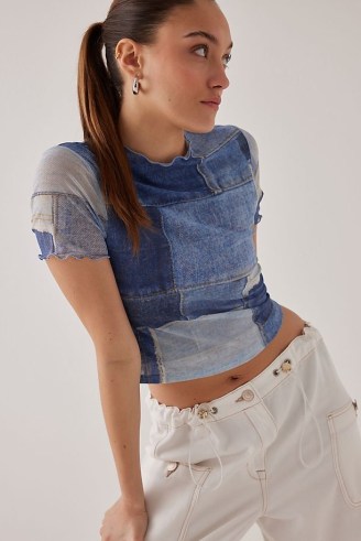 Anthropologie Patchwork Denim Mesh T-Shirt Blue Motif | women’s tonal fitted tops - flipped