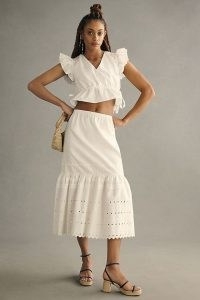 By Anthropologie Eyelet Petticoat Midi Skirt White | women’s cotton tiered hem summer skirts