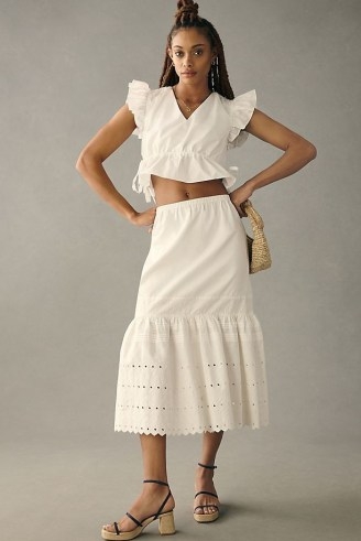 By Anthropologie Eyelet Petticoat Midi Skirt White | women’s cotton tiered hem summer skirts - flipped