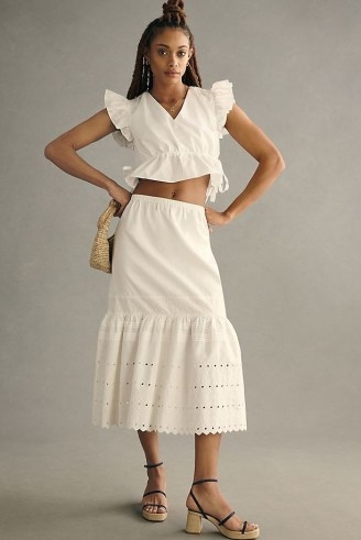 By Anthropologie Eyelet Petticoat Midi Skirt White | women’s cotton tiered hem summer skirts