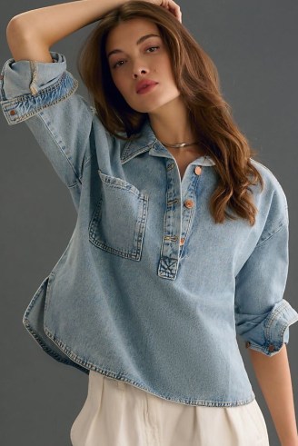 Pilcro Denim Popover Shirt | women’s light blue pullover shirts - flipped