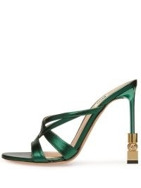 Bally Carolyn 105mm leather sandals in green – strappy embellished stiletto heel sandal – high sculpted crystal heels – luxury occasion shoes – glamorous evening footwear