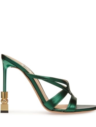 Bally Carolyn 105mm leather sandals in green – strappy embellished stiletto heel sandal – high sculpted crystal heels – luxury occasion shoes – glamorous evening footwear - flipped