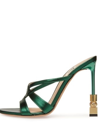 Bally Carolyn 105mm leather sandals in green – strappy embellished stiletto heel sandal – high sculpted crystal heels – luxury occasion shoes – glamorous evening footwear
