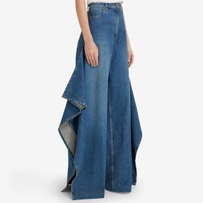 BURBERRY Stonewashed Denim Wide-leg Jeans Deep Slate Blue ~ women’s draped leg jean with exaggerated side splits - flipped