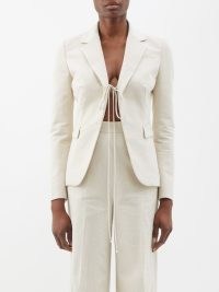 ALTUZARRA Salerno tie-front suit jacket in beige ~ women’s slubbed cotton-blend tie detail jackets