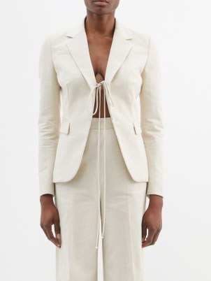 ALTUZARRA Salerno tie-front suit jacket in beige ~ women’s slubbed cotton-blend tie detail jackets - flipped