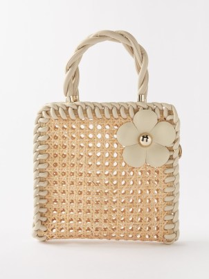 ROSANTICA Vitamina B wicker and leather tote bag / small beige woven top handle bags / summer handbag with a floral applique / luxury mini handbags / luxe vacation accessory / holiday evening accessories