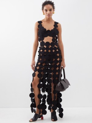 A.W.A.K.E. MODE Multi-circle crepe asymmetric dress in black – semi sheer sleeveless open back dresses – women’s designer clothing