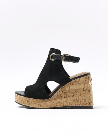 River Island BLACK OPEN TOE WEDGE HEELED SANDALS | cut out wedges – cutout wedged heels – women’s faux leather summer shoes