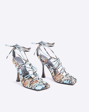 RIVER ISLAND BLUE ANIMAL PRINT HEELED SANDALS – strappy square toe heels – womens ankle wrap high heel shoes - flipped