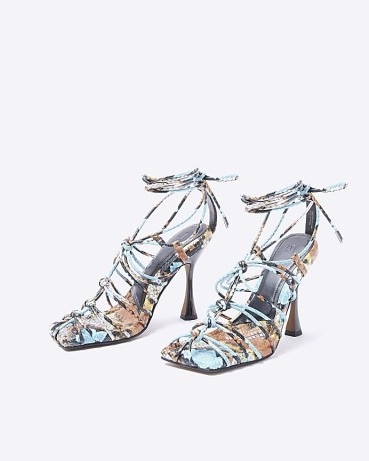RIVER ISLAND BLUE ANIMAL PRINT HEELED SANDALS – strappy square toe heels – womens ankle wrap high heel shoes